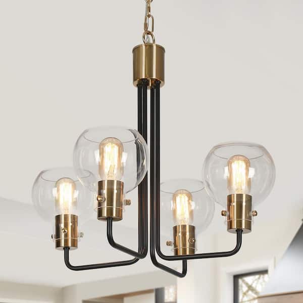 Zevni 20 in. 4-Light Modern Dining Room Brass Sputnik Chandelier, Farmhouse/Rustic Black Island Pendant Light with Clear Glass