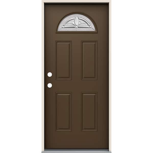 JELD-WEN 36 in. x 80 in. Right-Hand/Inswing Fan Lite Blakely Decorative Glass Dark Chocolate Steel Prehung Front Door