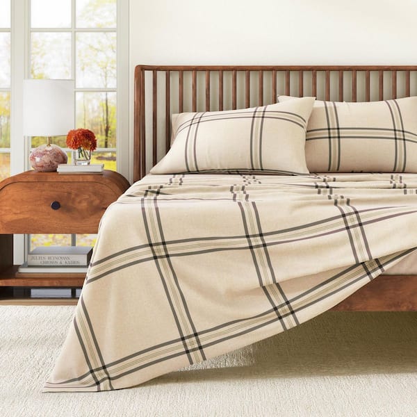 100% Turkish Cotton Plaid Flannel Sheet Sets, King, Wide Plaid Blue and Tan