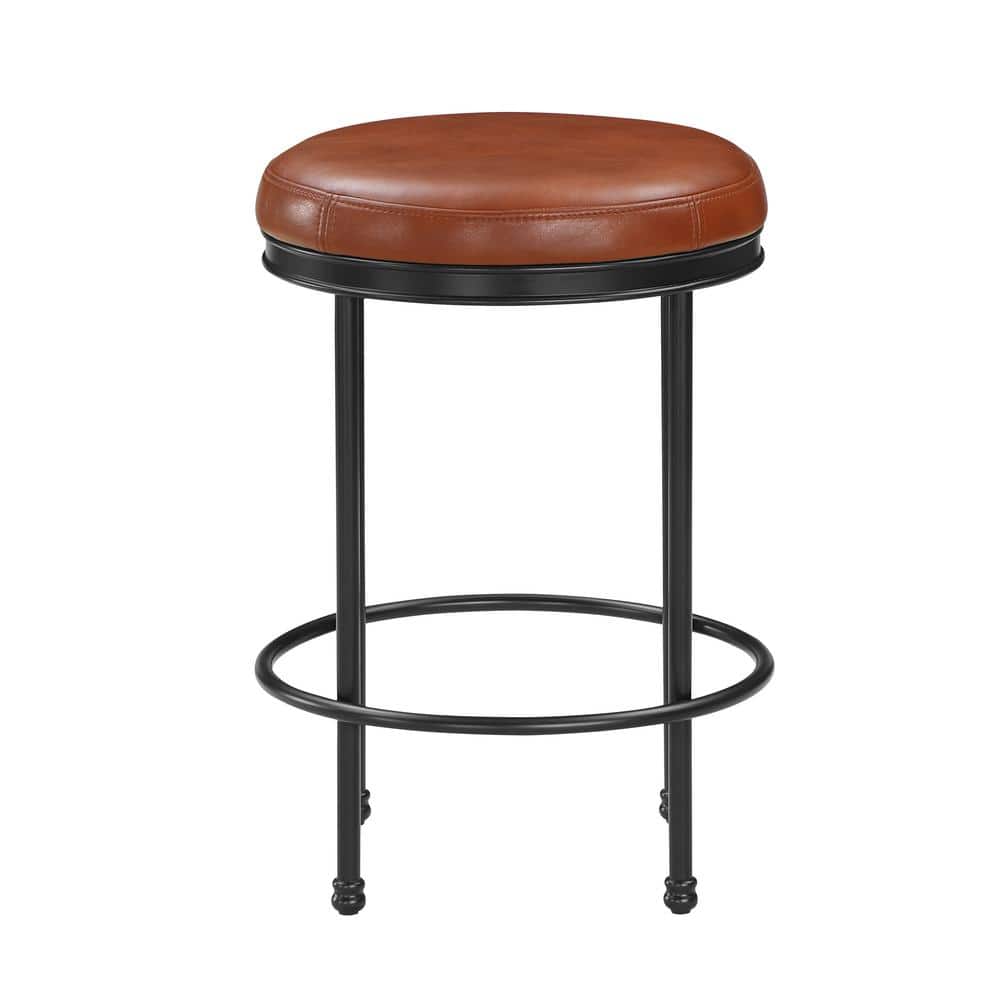 Montecarlo Adjustable Black Metal & Caramel Faux Leather Backless Stool