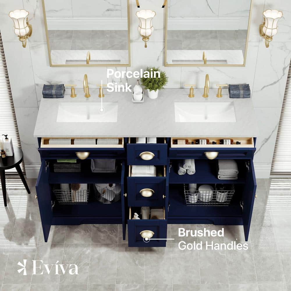 Epic Blue Solid Wood Double Sink Bathroom Vanity with Quartz Top