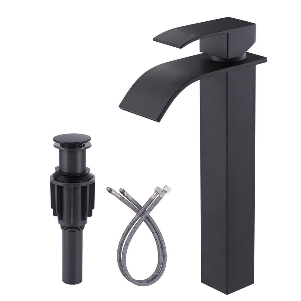 Stainless Steel Single Handle Waterfall Single Hole Bathroom Faucet with Drain Kit and Supply Lines in Matte Black price history on PriceWatchPro