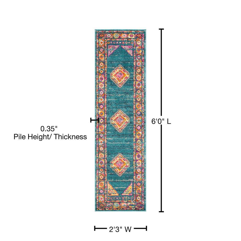 Chic Metro-Mod Light Blue & Orange Synthetic Runner Rug - 2'3" x 6'