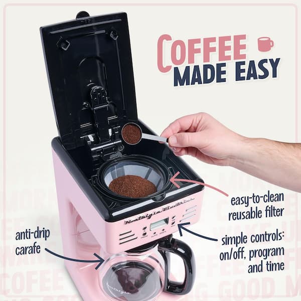 Nostalgia 12 Cup Pink Drip Coffee Maker with Reusable Filter
