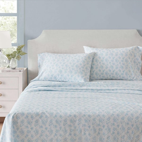 MS Floral 4-Piece White/Winter Blue Percale Cotton King Sheet Set