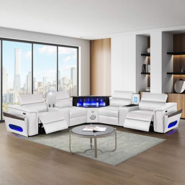 White Modern Sectional – 2 Consoles (Fridge + Reading Light), Power Recliners, Bluetooth, LED Bar