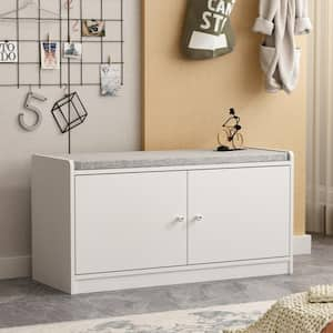 35.8 in. W x 18.1 in. H 8-Pair Shoes White Wood Shoe Storage Bench with 2 Doors and 4-Shelves Storage Compartment