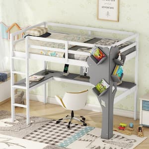 White Twin Size Loft Bed with L-shaped Desk, Gray Tree Shape Bookcase and Charging Outlets and Ports