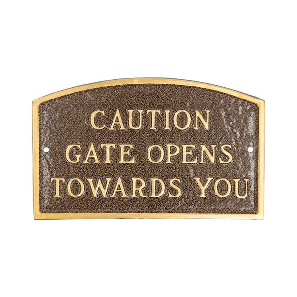 13" x 21" Large Arch Caution Gate Opens Towards You Statement Plaque Sign-Hammered Bronze