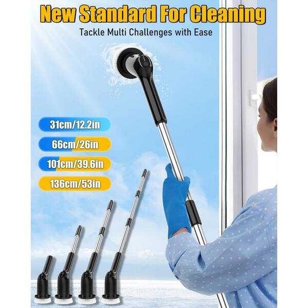 Unbranded - 53.3 in. Scrub Brush Adjustable Handle Electric Spin Shower Scrubber with 2 Spin Speeds and 3 Replaceable Cleaning Heads