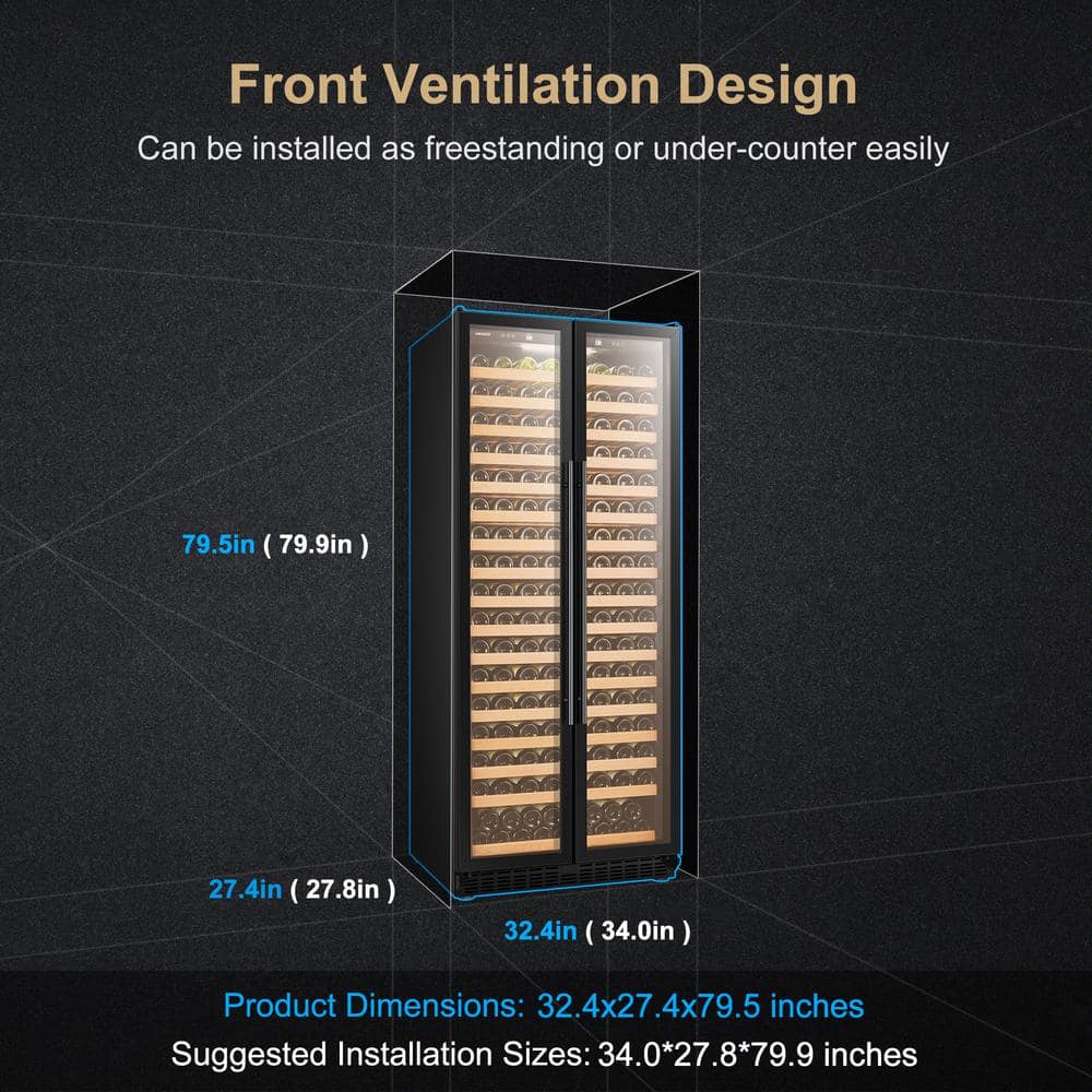 Black Freestanding Dual Door Wine Cooler with Wooden Shelves