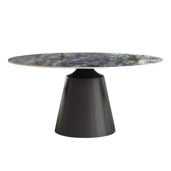 Monland Modern Round White Top Sapphire Stone Tabletop 59.06 in. Black Titanium Stainless Steel Pedestal Dining Table (6 Seats)