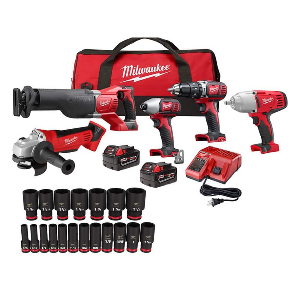 Milwaukee M18 18V Lithium-Ion Cordless Combo Tool Kit(5-Tool)w/SHOCKWAVE 1/2 in. Drive SAE 6 Point Impact Socket Set(19-Piece) -  2697-25-7012