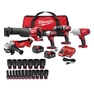 M18 18V Lithium-Ion Cordless Combo Tool Kit(5-Tool)w/SHOCKWAVE 1/2 in. Drive SAE 6 Point Impact Socket Set(19-Piece)