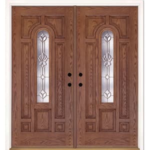 74 in. x 81.625 in. Medina Brass Center Arch Lite Stained Medium Oak Left-Hand Fiberglass Double Prehung Front Door