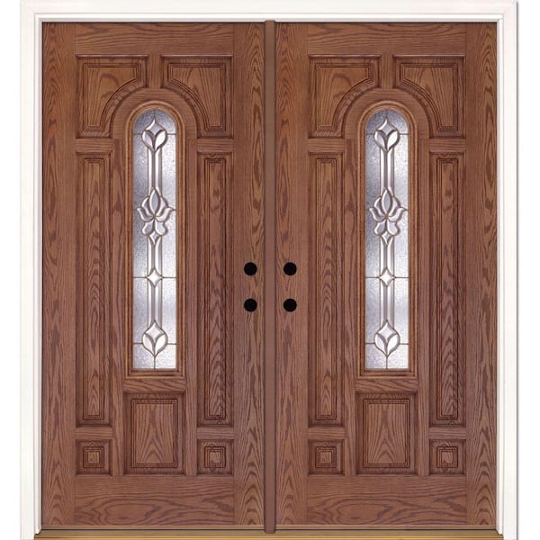 74 in. x 81.625 in. Medina Brass Center Arch Lite Stained Medium Oak Left-Hand Fiberglass Double Prehung Front Door