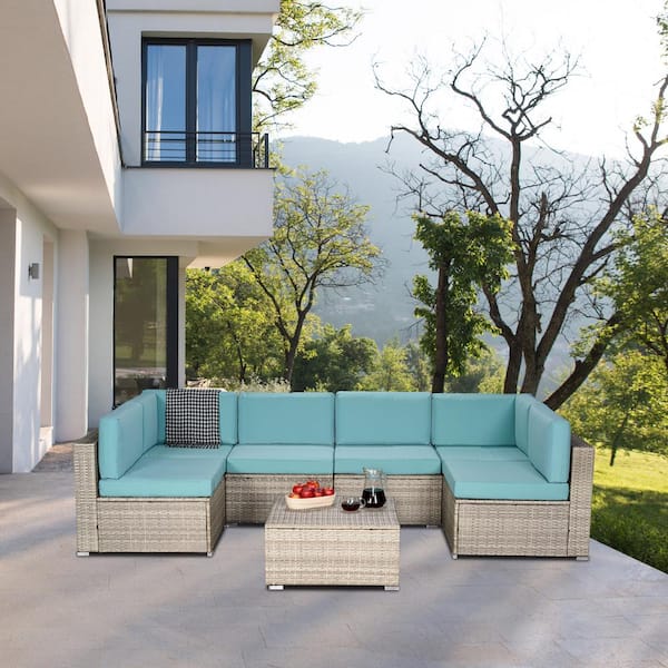 Harper & Bright Designs 7-Piece Gray Wicker Outdoor Sectional Set with Teal Blue Cushions and Table