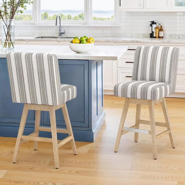 LUE BONA Joyce 26 in. Gray White Striped Fabric Upholstered Swivel Bar Stool with Solid Wood Leg Counter Stool (Set of 2)