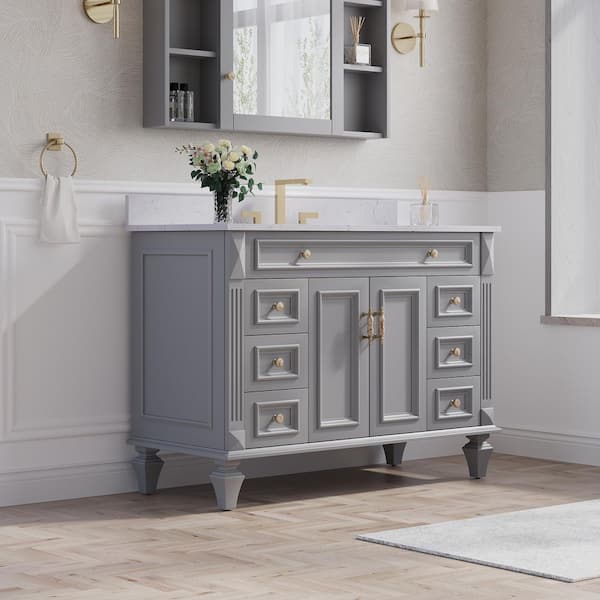 48 in Single Sink Freestanding Solid Wood Bathroom Vanity in Gray with White Quartz Top, Soft-Close, Full Assembled