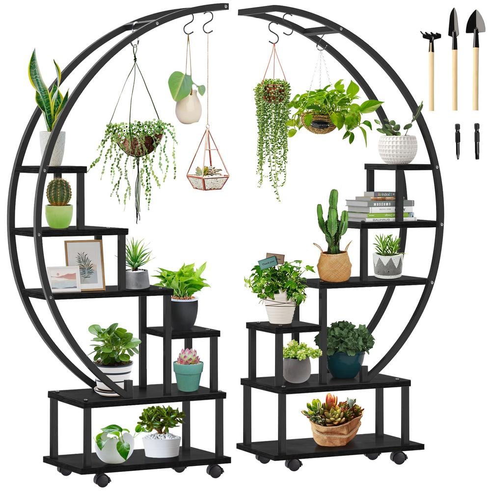 5 Tier Metal Plant Stand with Hanging Loop, Plant Shelf Holder for