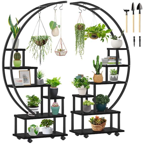 SEEUTEK Lynde Black Metal Circular Indoor Plant Stand, Half Moon Shaped Plant Shelf Holder with Hanging Loop