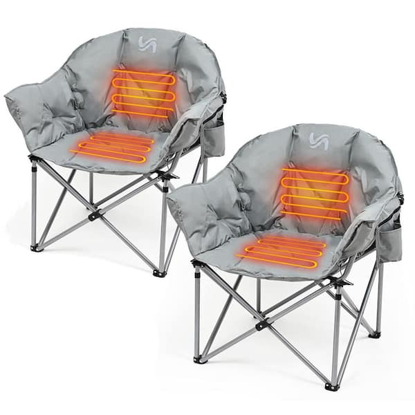 BOZTIY Oversized Heated Camping Chair 3 Heat Levels Heated Moon Folding Chair with Cup Holder and Travel Bag (Gray, 2-Pack)