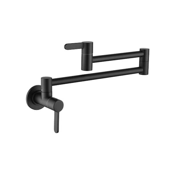 Flynama Wall Mount Swivel Spout Pot Filler Faucet with Double Lever Handles in Matte Black