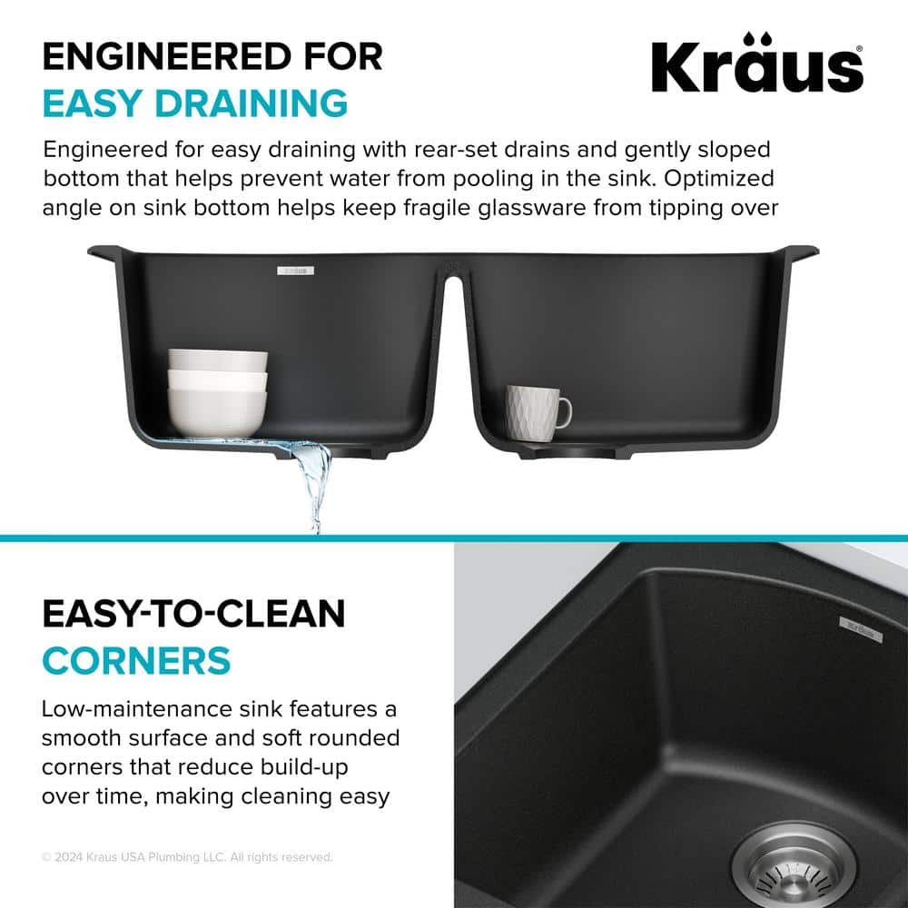 33-Inch Black Granite Double Bowl Drop-In Kitchen Sink