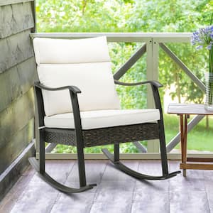 1-Piece Aluminum Rattan Guide Single Patio Outdoor Rocking Chair with Beige Cushion