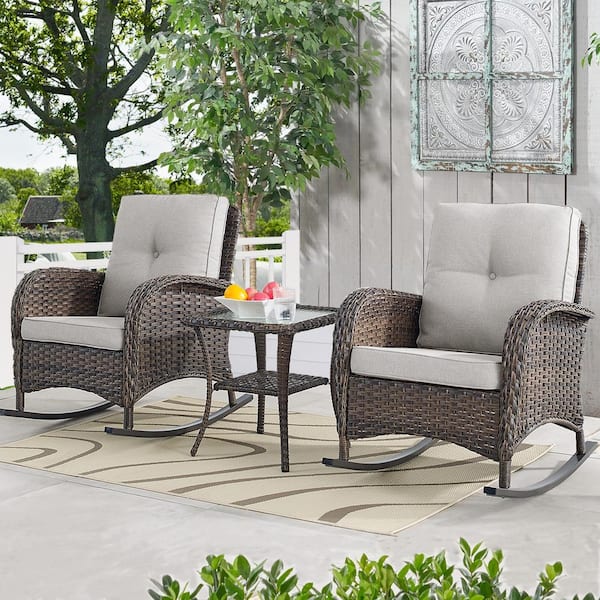 PlainCurve 3-Piece Brown Wicker Outdoor Rocking Chairs Patio Conversation Set with Olefin Beige Cushions