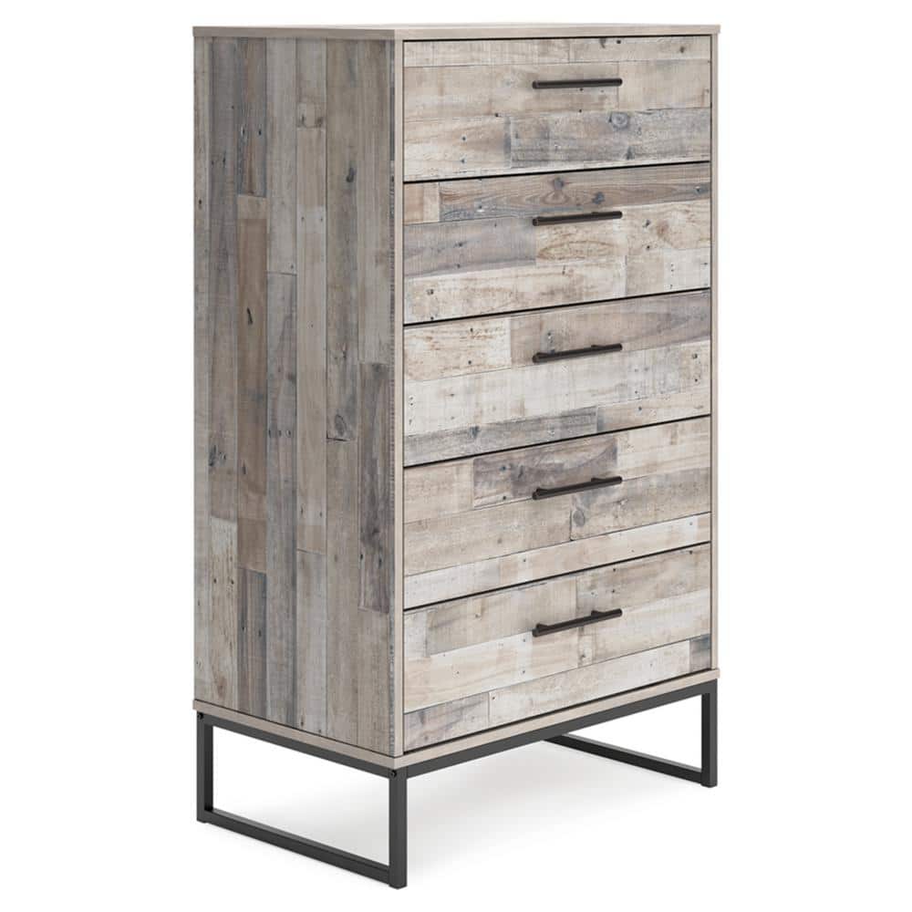 Transitional Whitewash Pine 5-Drawer Chest with Pewter-Tone Pulls