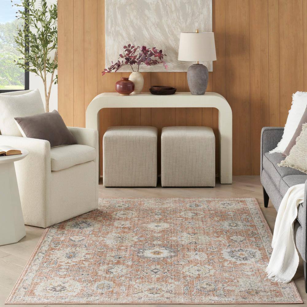 Rust Rectangular 6' x 9' Synthetic Floral Area Rug