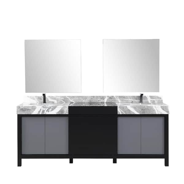 Zilara 84 in x 22 in D Black and Grey Double Bath Vanity, Castle Grey Marble Top, Gun Metal Faucet Set and 34 in Mirrors