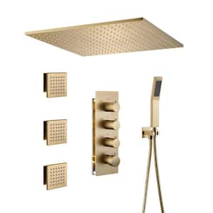 Thermostatic 3-Spray Patterns 20 in. Flush Ceiling Mount Rain Dual Shower Heads with 3-Jet in Brushed Gold