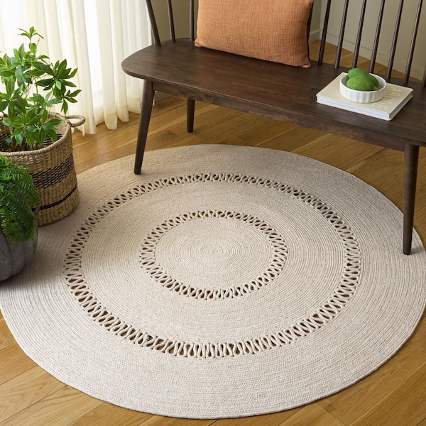 Braided 3 ft. x 3 ft. Round Beige Concentric Wavy Area Rug