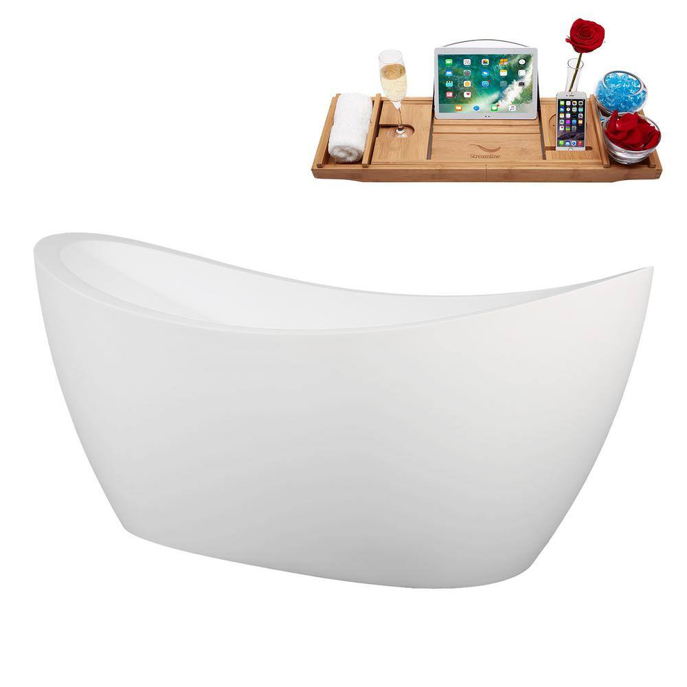 67" Glossy White Acrylic Freestanding Double Slipper Tub with Bamboo Tray