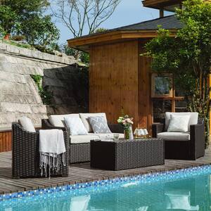 4-Piece Wicker Patio Conversation Set with Gray Cushions