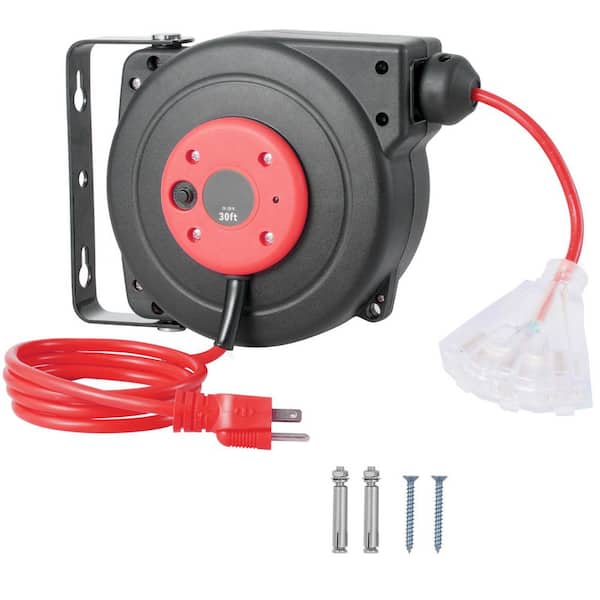 SKYSHALO Retractable Extension Cord Reel, 30 ft. 16-Gauges / 3 Conductors10 Amp Retractable Extension Cord Reel with 3-Outlets