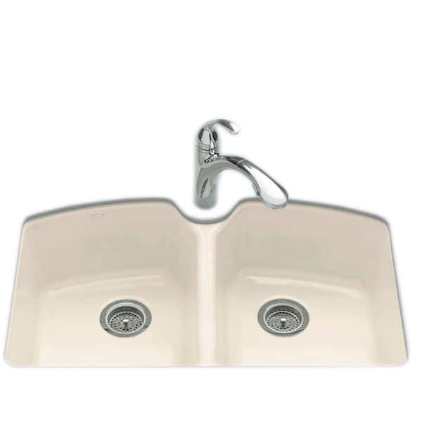 KOHLER Tanager Undermount Cast-Iron 33 in. 3-Hole Double Bowl Kitchen Sink in Almond