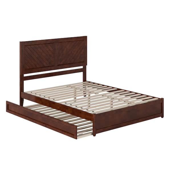 Clayton Walnut Brown Solid Wood Frame Queen Platform Bed with Panel Footboard Twin XL Trundle