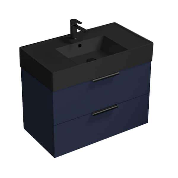 Nameeks Derin 31.89 in. W x 17.32 in. D x 25.2 in. H Modern Bathroom Vanity in Night Blue with Matte Black Ceramic Top