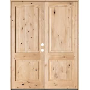 64 in. x 96 in. Rustic Knotty Alder 2-Panel Top Rail Arch Unfinished Left-Hand Inswing Wood Double Prehung Front Door