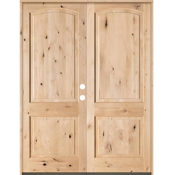 Krosswood Doors 64 in. x 96 in. Rustic Knotty Alder 2-Panel Top Rail Arch Unfinished Left-Hand Inswing Wood Double Prehung Front Door