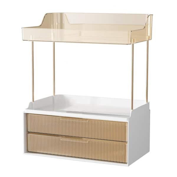 2 Tier 2 Drawer Makeup Organizer Countertop Amber Easy Install Sturdy PET and ABS Vanity Storage 15.4x12.44x7.91