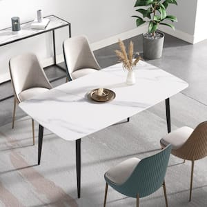 62.9 in. Rectangle White Modern and Minimalist Stone Top Dining Table with Black Metal Frame (Seats 4-6)