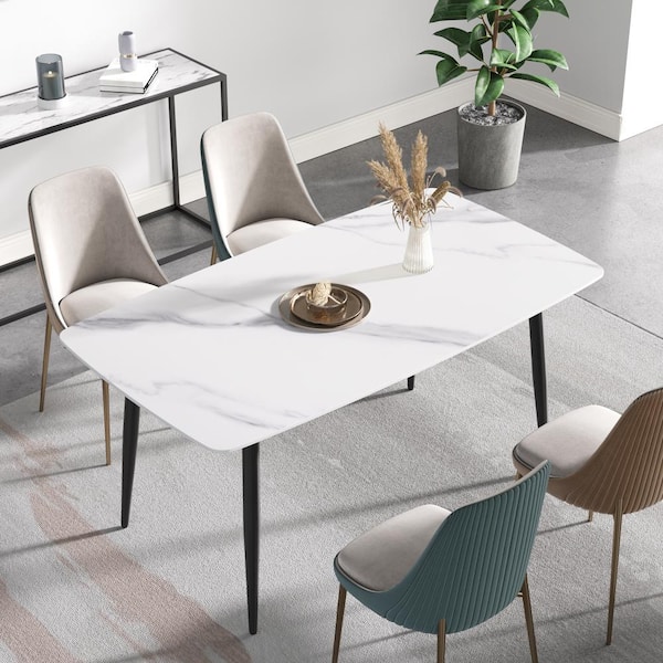 J&E Home 62.9 in. Rectangle White Modern and Minimalist Stone Top Dining Table with Black Metal Frame (Seats 4-6)