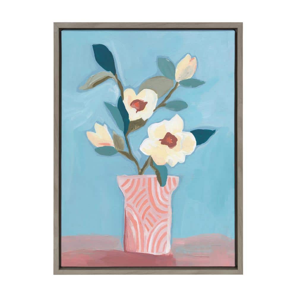 Magnolia Blooms Abstract Floral Canvas Print with Gray Frame
