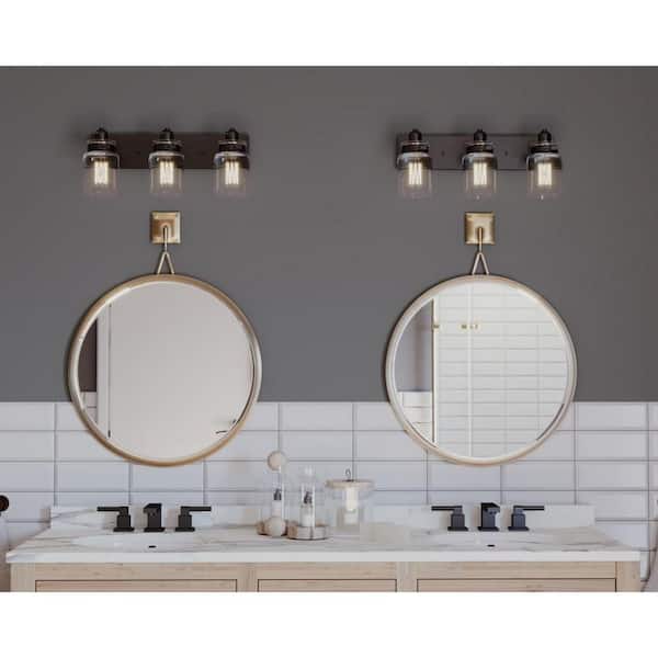 Calhoun Collection 21-5/8 in. 3-Light Antique Bronze Clear Glass Farmhouse Urban Industrial Bathroom Vanity Light