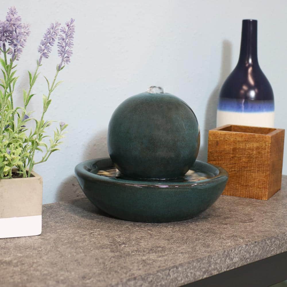 Green Ceramic Orb Tabletop Water Fountain with Smooth Glaze