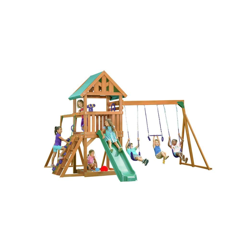 Mountain View Playset with Tarp Roof, Monkey Bars, Sandbox, Purple Swing Set Accessories and Green Slide